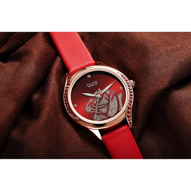 Burgi Women's Quartz with Diamond and Swarovski Crystals Rose Design Dial Leather Strap Watch
