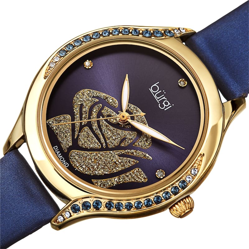 Burgi Women's Quartz with Diamond and Swarovski Crystals Rose Design Dial Leather Strap Watch