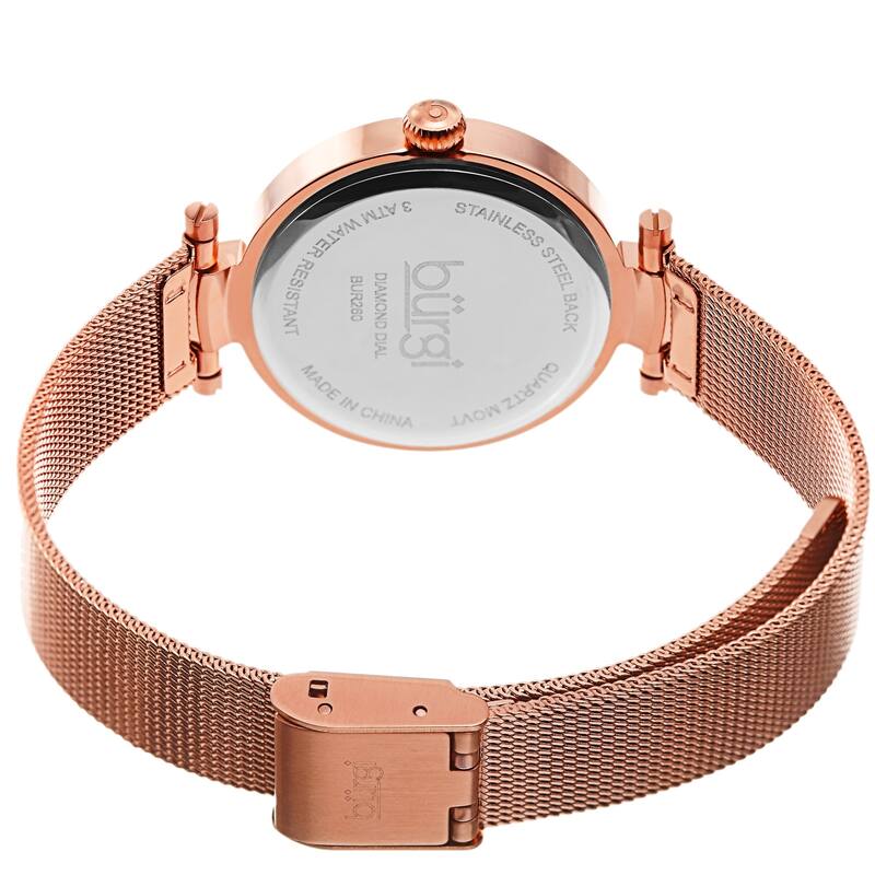 Burgi Women's Quartz Etched Floral Dial Stainless Steel Mesh Band Watch