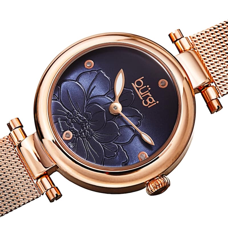 Burgi Women's Quartz Etched Floral Dial Stainless Steel Mesh Band Watch - Rose Gold/Blue