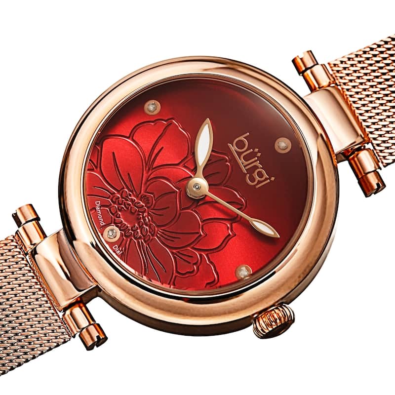 Burgi Women's Quartz Etched Floral Dial Stainless Steel Mesh Band Watch - Rose Gold/Red