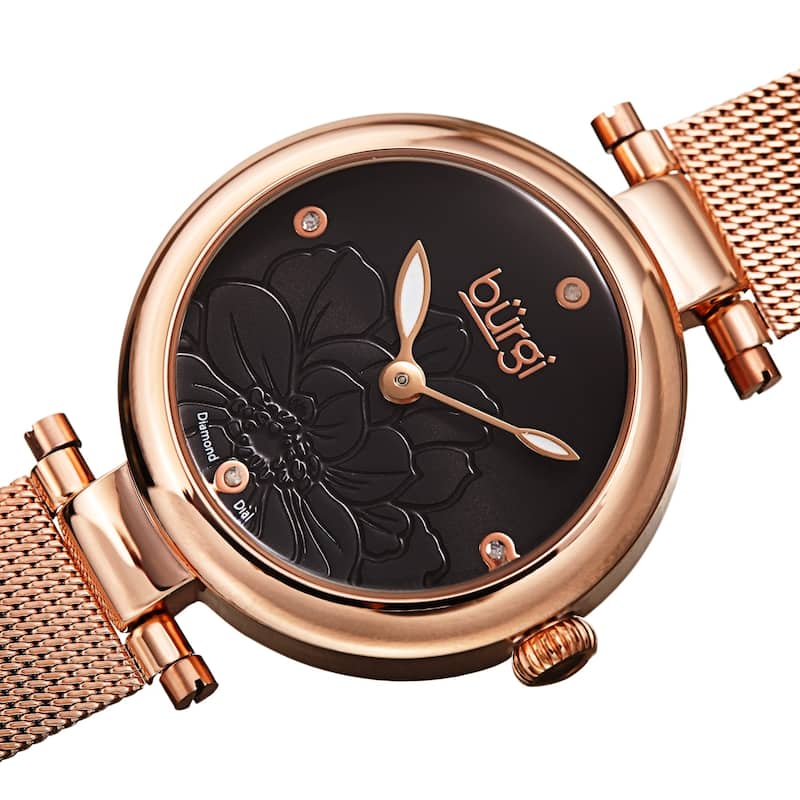 Burgi Women's Quartz Etched Floral Dial Stainless Steel Mesh Band Watch - Rose Gold/Black