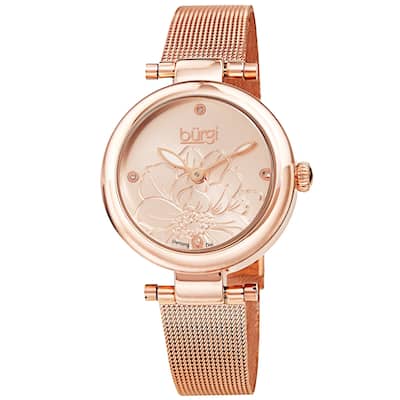 Burgi Women's Quartz Etched Floral Dial Stainless Steel Mesh Band Watch