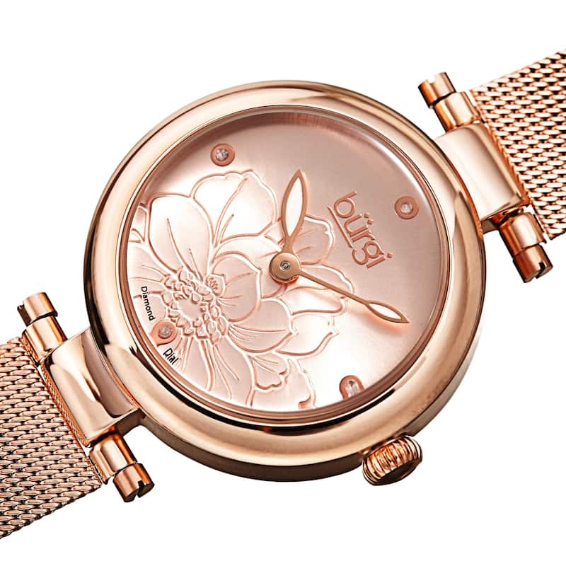 Burgi Women's Quartz Etched Floral Dial Stainless Steel Mesh Band Watch