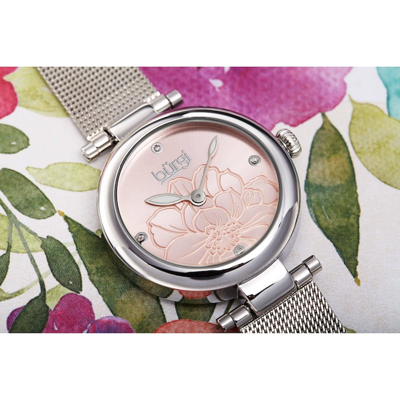 Burgi Women's Quartz Etched Floral Dial Stainless Steel Mesh Band Watch
