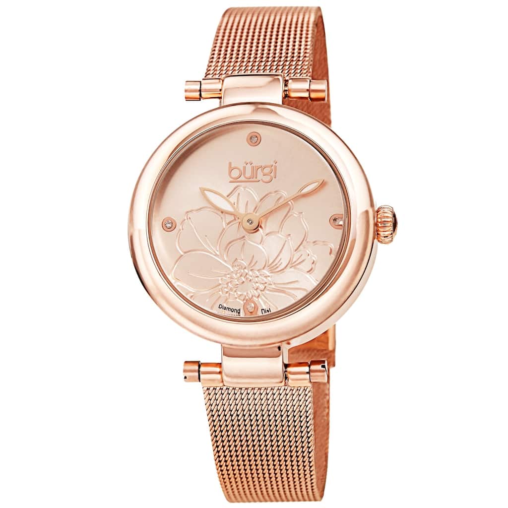 Burgi Women's Quartz Etched Floral Dial Stainless Steel Mesh Band Watch