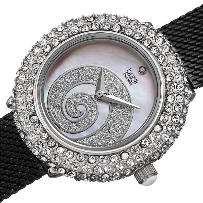 Burgi Women's Quartz Mother of Pearl Stainless Steel Bracelet Watch - Silver/Black