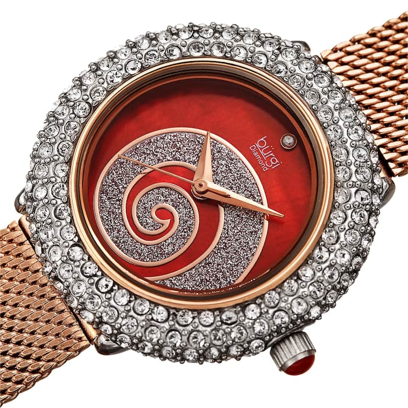 Burgi Women's Quartz Mother of Pearl Stainless Steel Bracelet Watch - Rose Gold/Red
