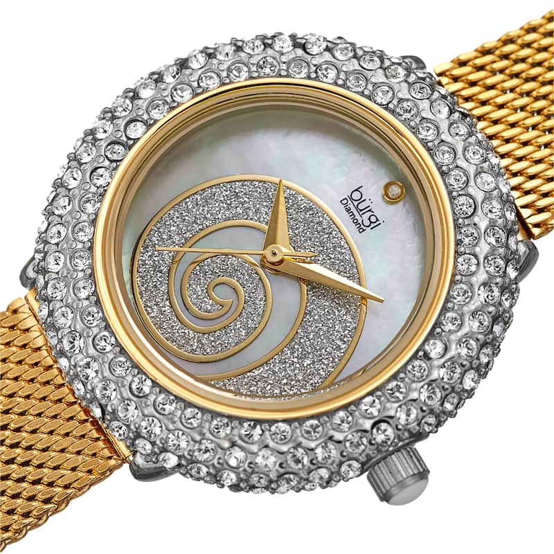 Burgi Women's Quartz Mother of Pearl Stainless Steel Bracelet Watch - Yellow Gold/Silver