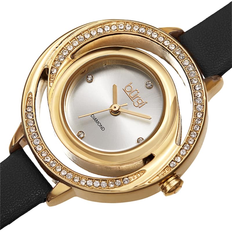 Burgi Women's Quartz Swarovski Crystal and Diamond Swirl Dial Leather Strap Watch