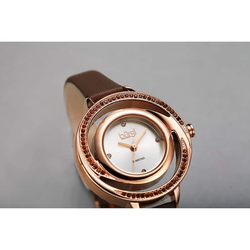 Burgi Women's Quartz Swarovski Crystal and Diamond Swirl Dial Leather Strap Watch