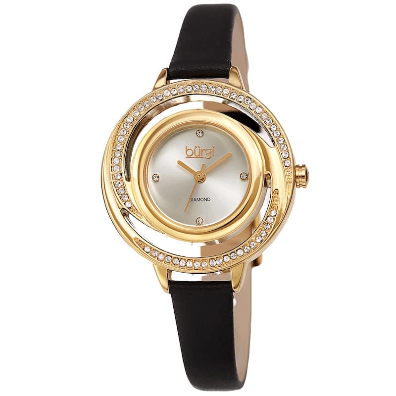 Burgi Women's Quartz Swarovski Crystal and Diamond Swirl Dial Leather Strap Watch
