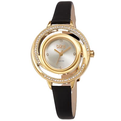 Burgi Women's Quartz Swarovski Crystal and Diamond Swirl Dial Leather Strap Watch