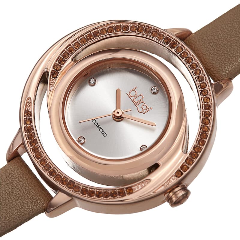Burgi Women's Quartz Swarovski Crystal and Diamond Swirl Dial Leather Strap Watch - Taupe