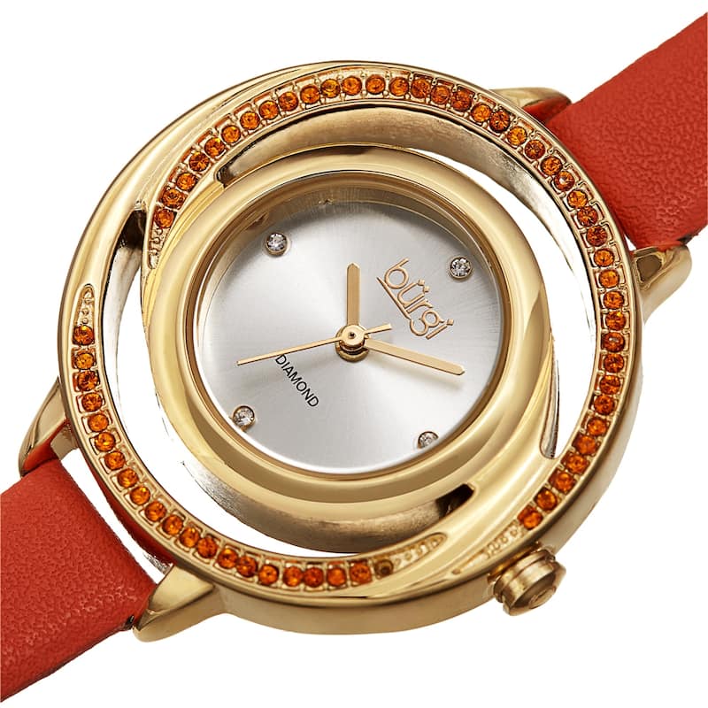 Burgi Women's Quartz Swarovski Crystal and Diamond Swirl Dial Leather Strap Watch - Orange