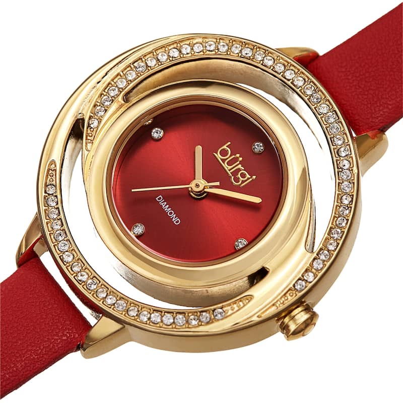 Burgi Women's Quartz Swarovski Crystal and Diamond Swirl Dial Leather Strap Watch - Red