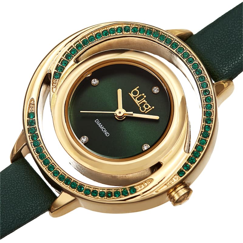 Burgi Women's Quartz Swarovski Crystal and Diamond Swirl Dial Leather Strap Watch