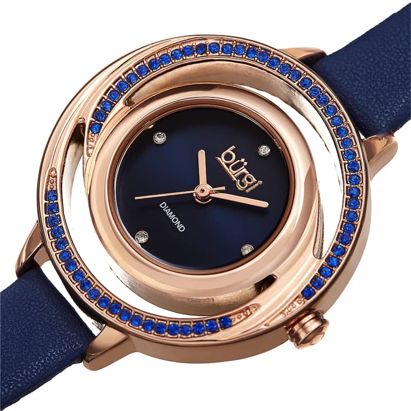 Burgi Women's Quartz Swarovski Crystal and Diamond Swirl Dial Leather Strap Watch - Blue