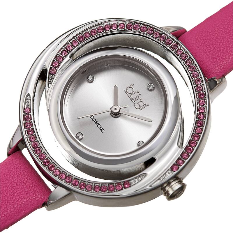 Burgi Women's Quartz Swarovski Crystal and Diamond Swirl Dial Leather Strap Watch - Pink