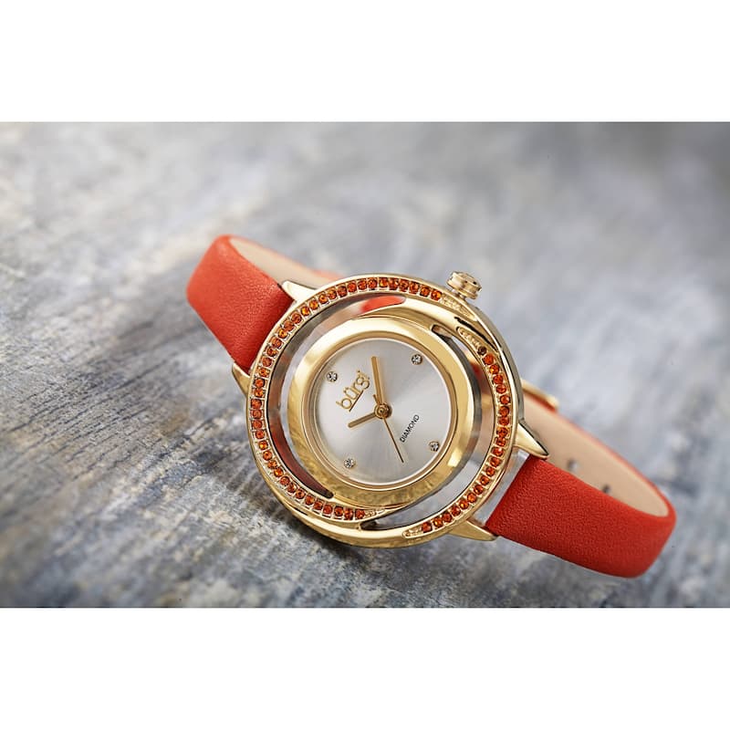 Burgi Women's Quartz Swarovski Crystal and Diamond Swirl Dial Leather Strap Watch