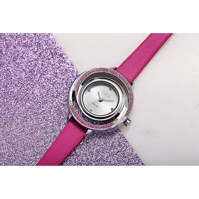 Burgi Women's Quartz Swarovski Crystal and Diamond Swirl Dial Leather Strap Watch
