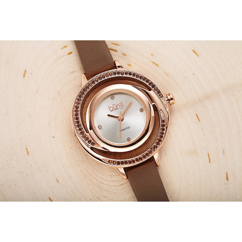 Burgi Women's Quartz Swarovski Crystal and Diamond Swirl Dial Leather Strap Watch