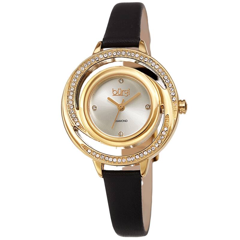 Burgi Women's Quartz Swarovski Crystal and Diamond Swirl Dial Leather Strap Watch