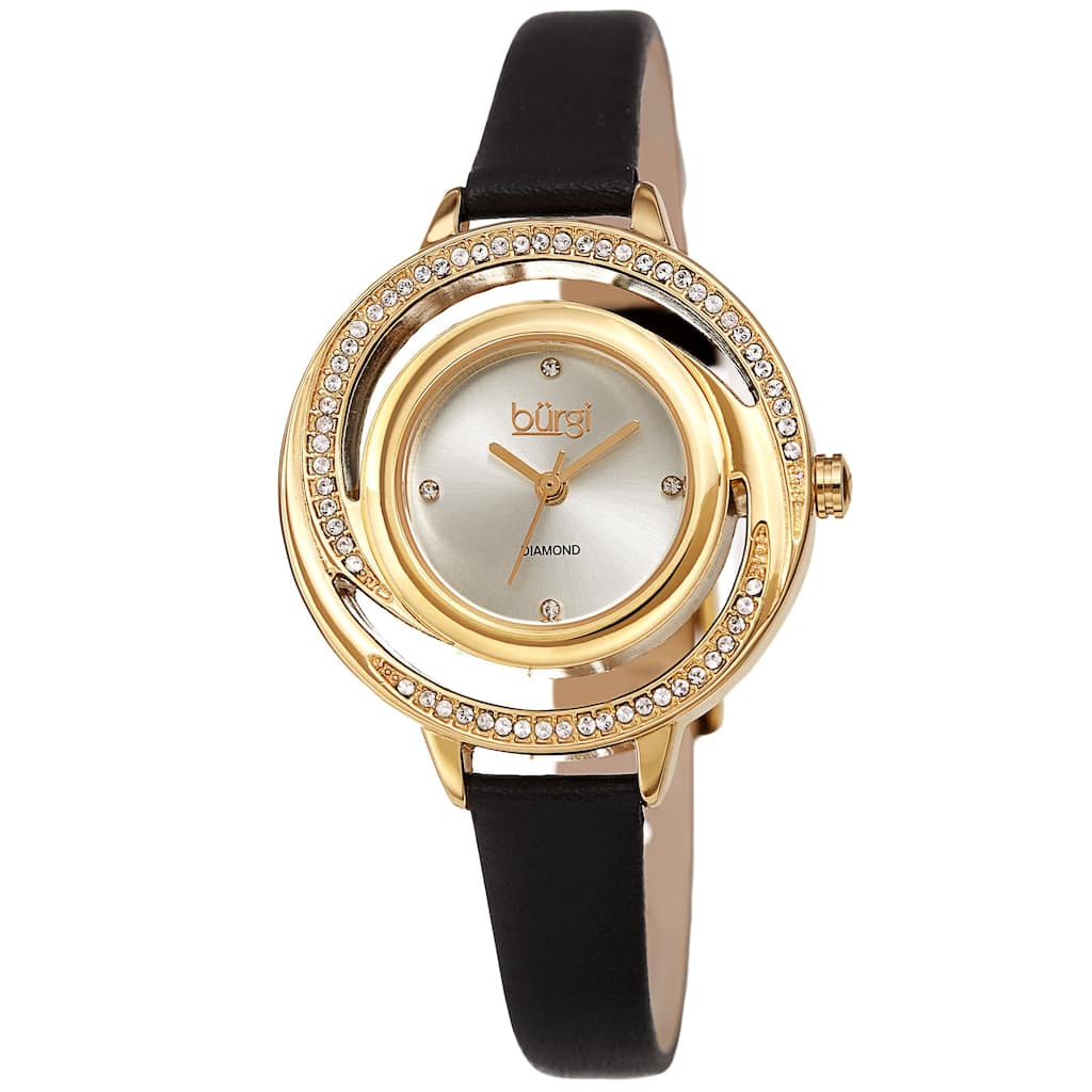 Burgi Women's Quartz Swarovski Crystal and Diamond Swirl Dial Leather Strap Watch