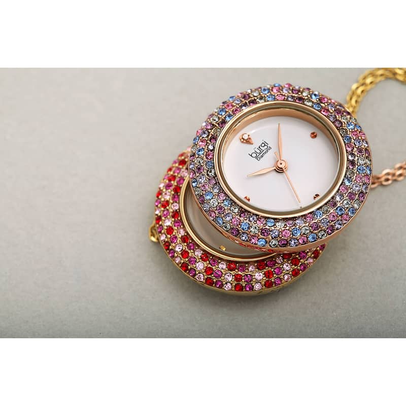 Burgi Women's Quartz Swarovski Multicolor Crystal Pendant Watch and Earring Set
