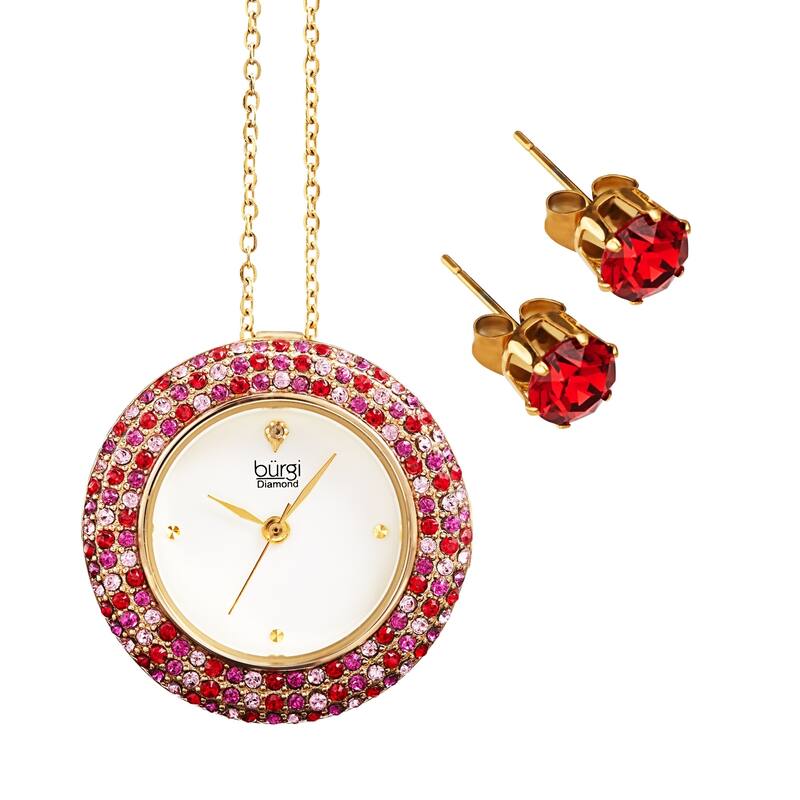 Burgi Women's Quartz Swarovski Multicolor Crystal Pendant Watch and Earring Set - Pink