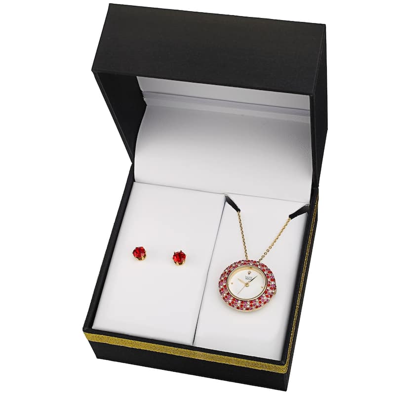 Burgi Women's Quartz Swarovski Multicolor Crystal Pendant Watch and Earring Set