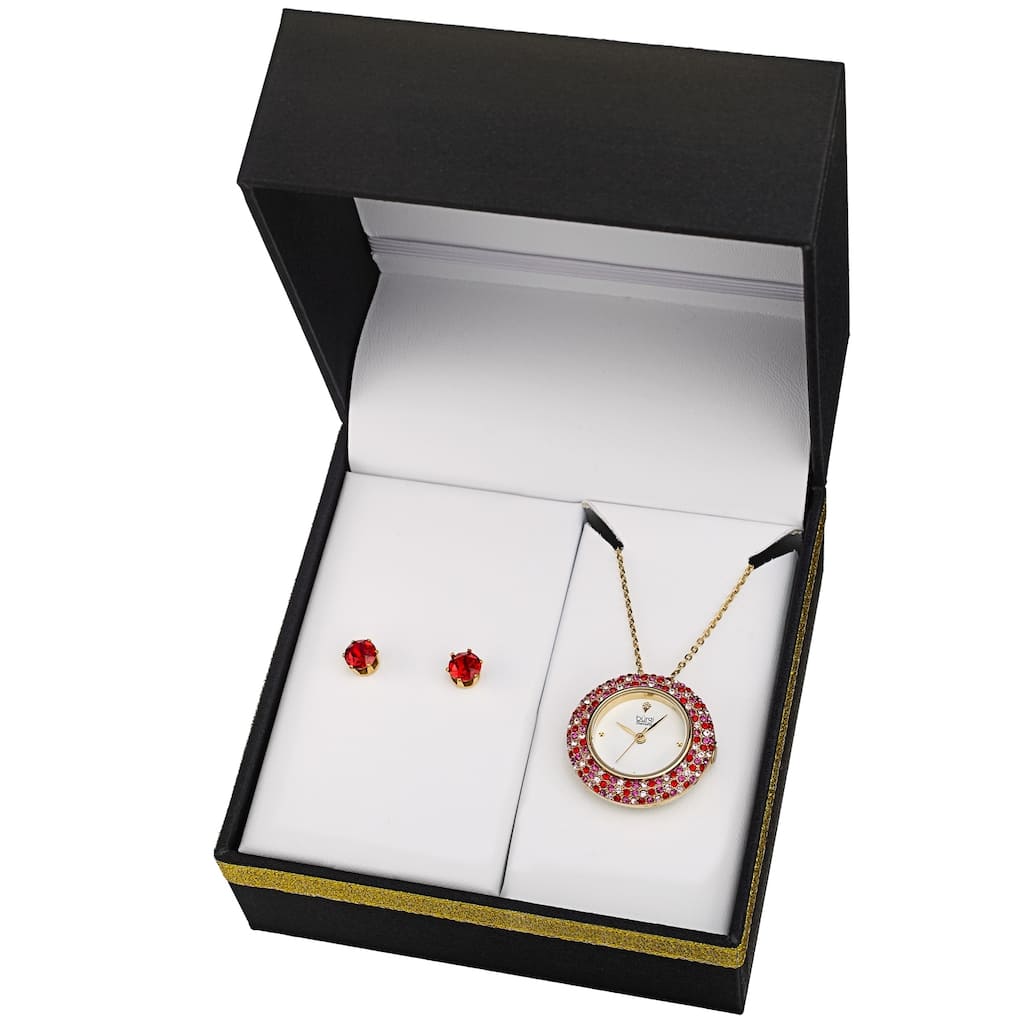 Burgi Women's Quartz Swarovski Multicolor Crystal Pendant Watch and Earring Set