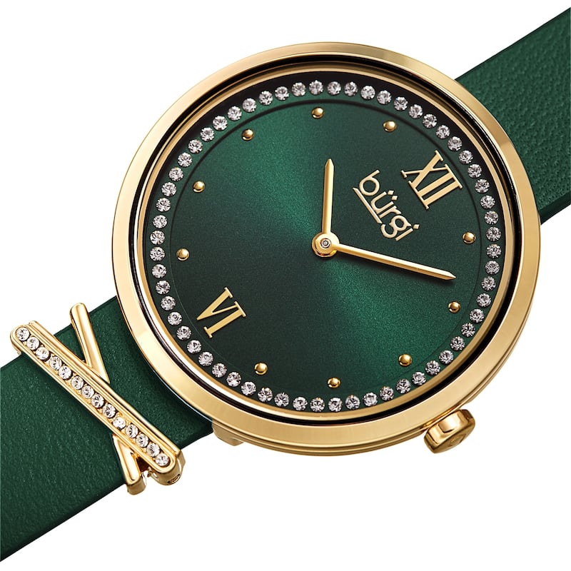 Burgi Women's Quartz Swarovski Crystal Genuine Leather X-Strap Watch - Green