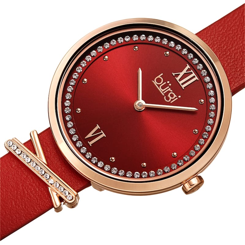 Burgi Women's Quartz Swarovski Crystal Genuine Leather X-Strap Watch