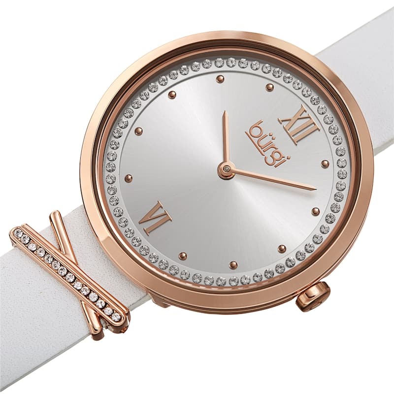 Burgi Women's Quartz Swarovski Crystal Genuine Leather X-Strap Watch - White