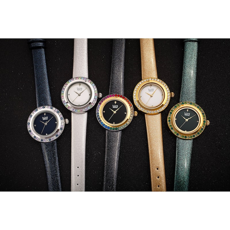 Burgi Women's Quartz Swarovski Crystal and Diamond on Glitter Leather Strap Watch