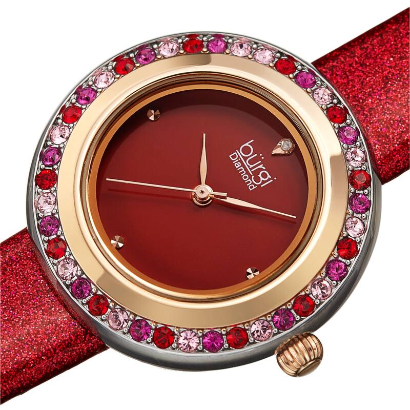 Burgi Women's Quartz Swarovski Crystal and Diamond on Glitter Leather Strap Watch - Red