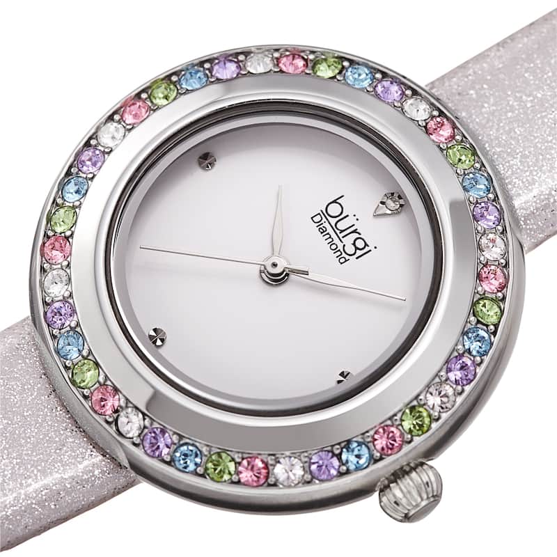 Burgi Women's Quartz Swarovski Crystal and Diamond on Glitter Leather Strap Watch - Silver