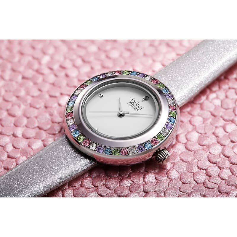 Burgi Women's Quartz Swarovski Crystal and Diamond on Glitter Leather Strap Watch