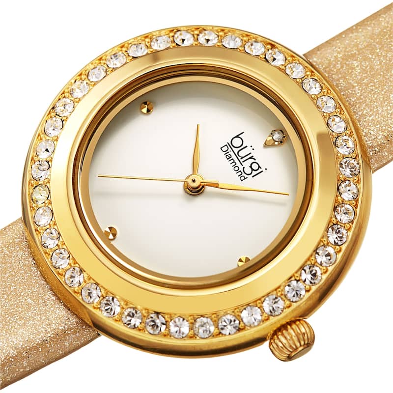 Burgi Women's Quartz Swarovski Crystal and Diamond on Glitter Leather Strap Watch