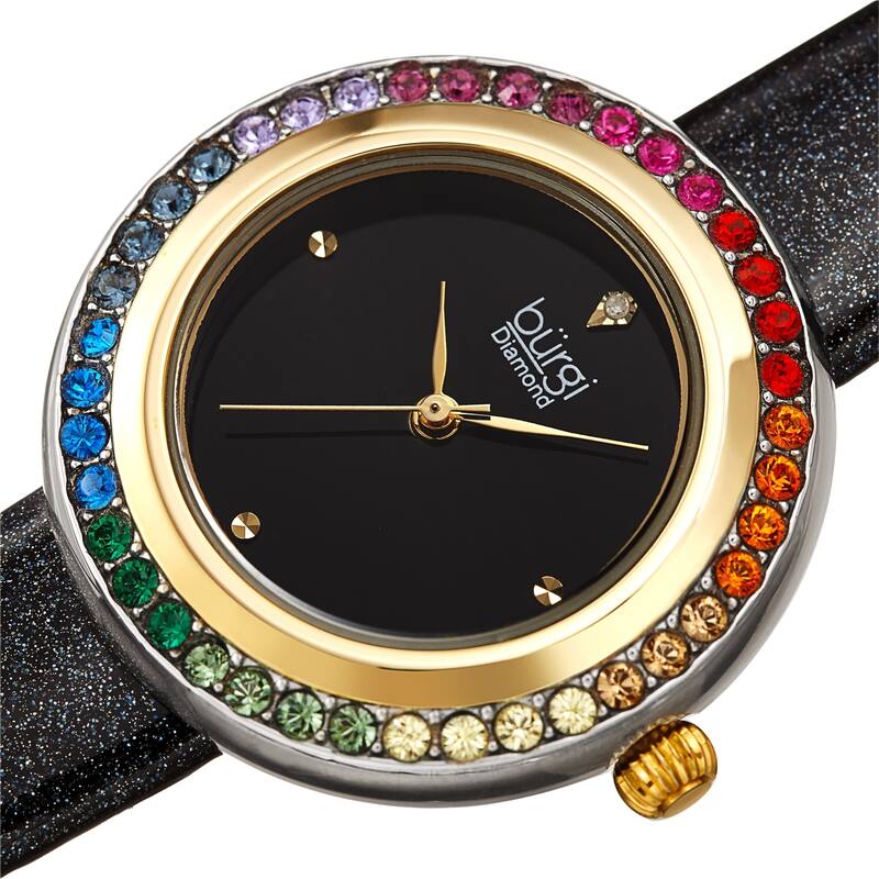 Burgi Women's Quartz Swarovski Crystal and Diamond on Glitter Leather Strap Watch - Black