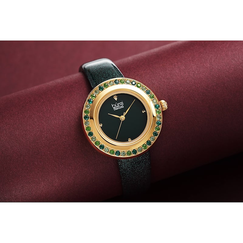 Burgi Women's Quartz Swarovski Crystal and Diamond on Glitter Leather Strap Watch