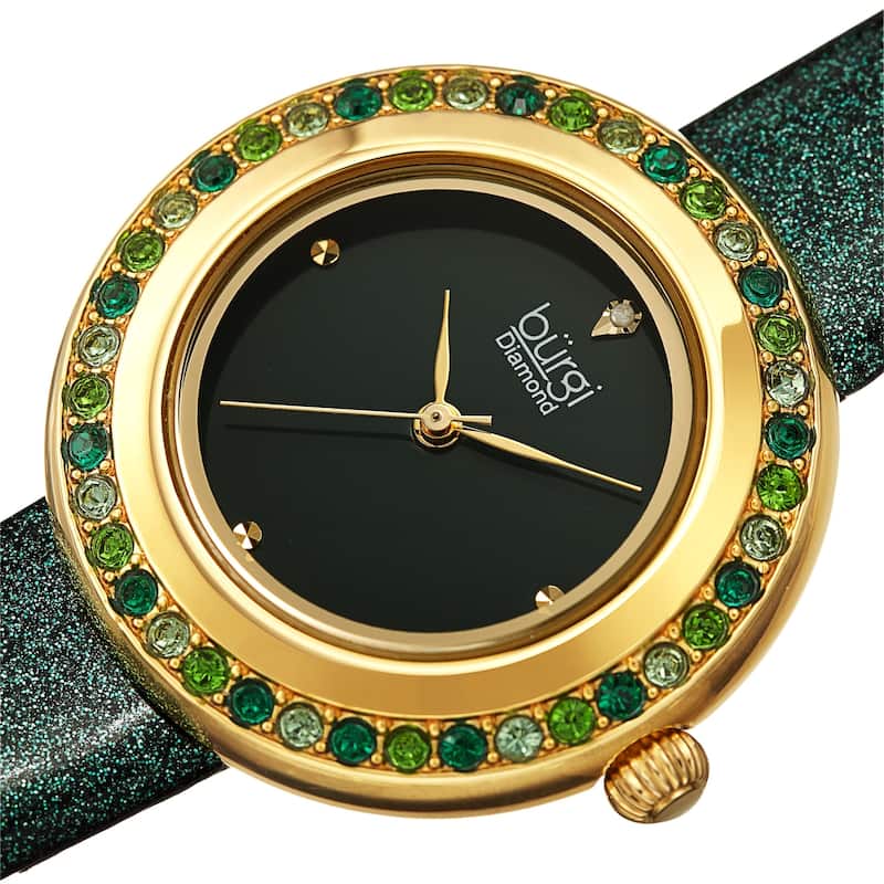 Burgi Women's Quartz Swarovski Crystal and Diamond on Glitter Leather Strap Watch - Green