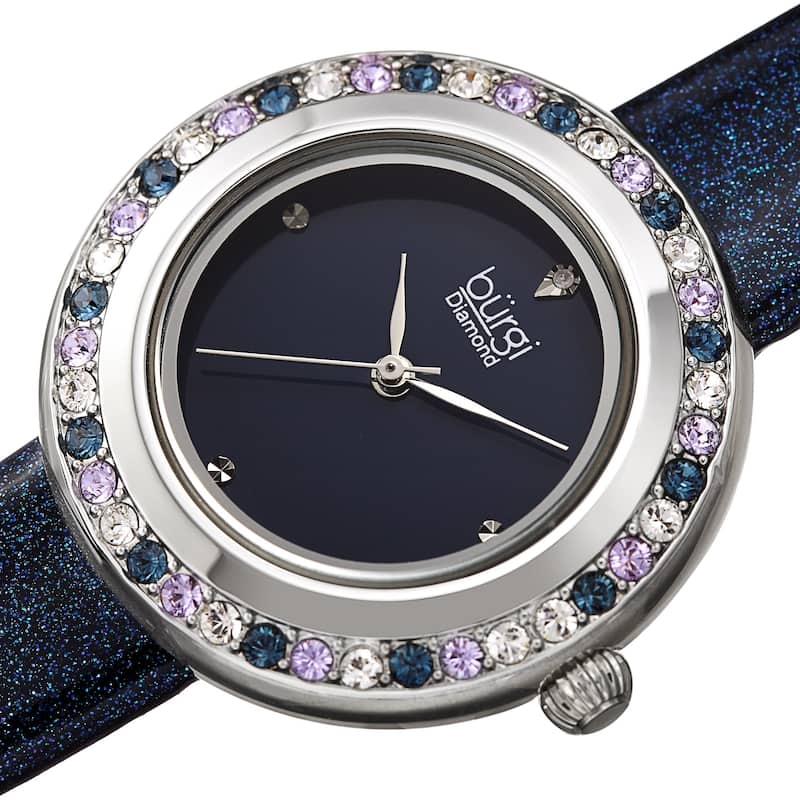 Burgi Women's Quartz Swarovski Crystal and Diamond on Glitter Leather Strap Watch - Blue