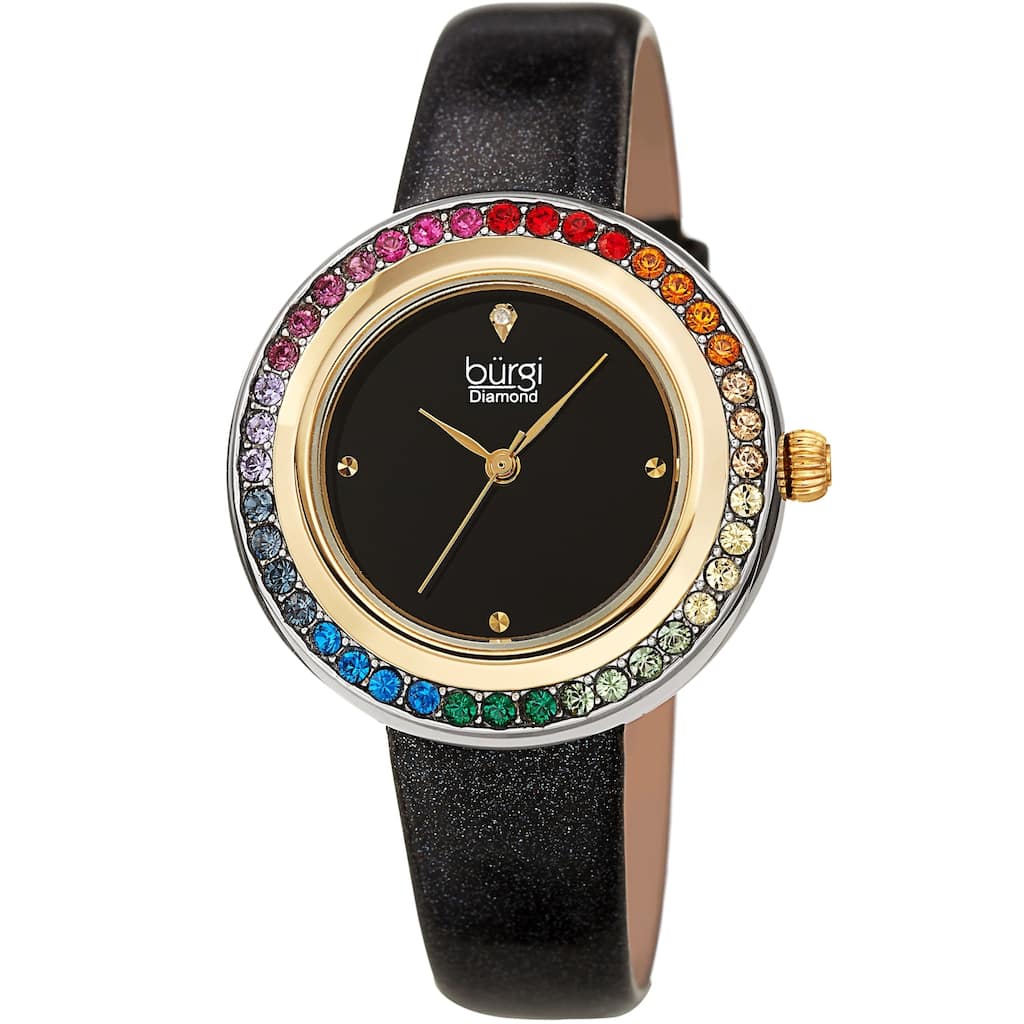 Burgi Women's Quartz Swarovski Crystal and Diamond on Glitter Leather Strap Watch