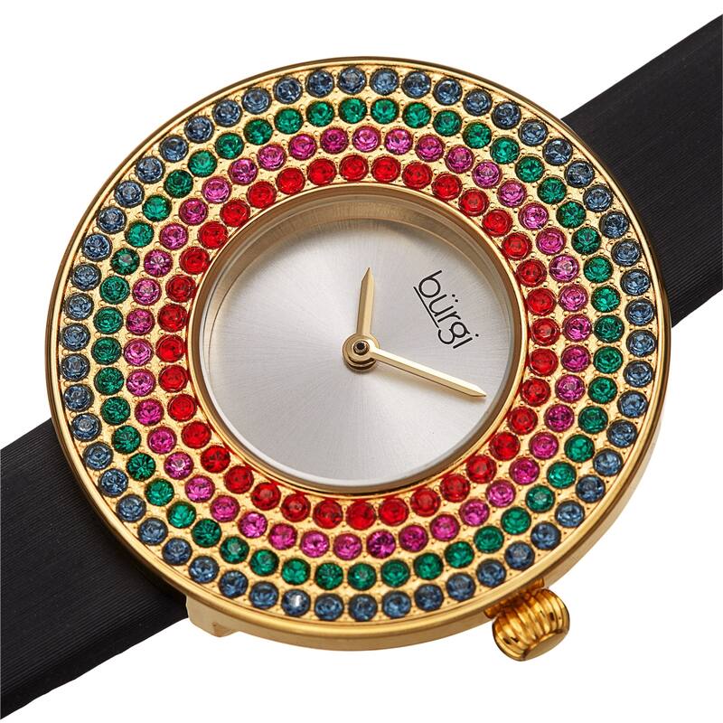 Burgi Women's Quartz Swarovski Crystal Disc Satin Leather Strap Watch - Yellow Gold