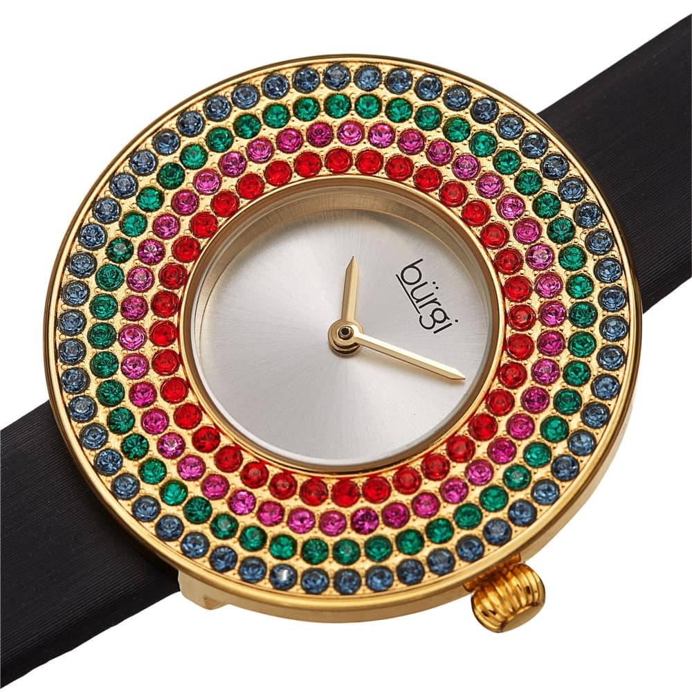 Burgi Women's Quartz Swarovski Crystal Disc Satin Leather Strap Watch