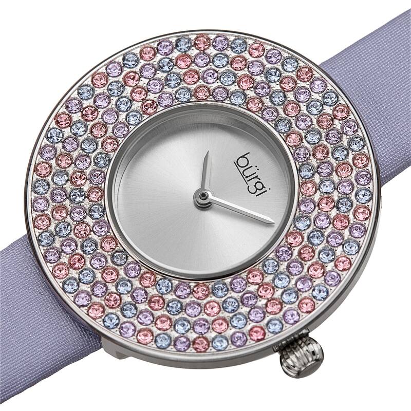 Burgi Women's Quartz Swarovski Crystal Disc Satin Leather Strap Watch - Silver/Purple