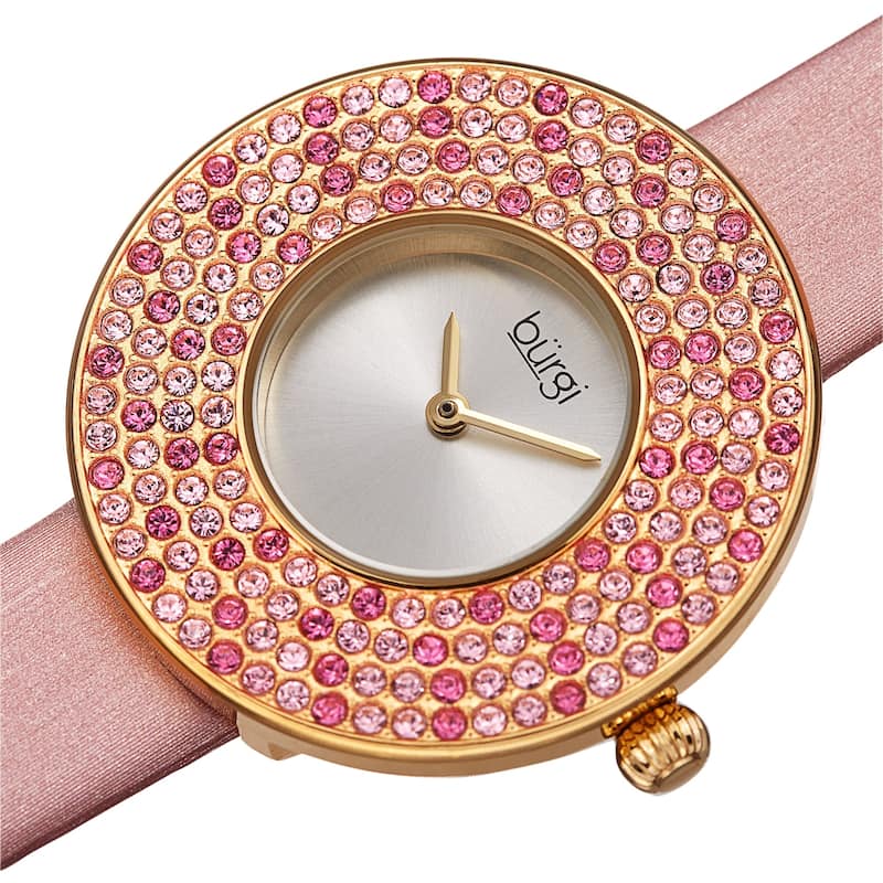 Burgi Women's Quartz Swarovski Crystal Disc Satin Leather Strap Watch - Pink