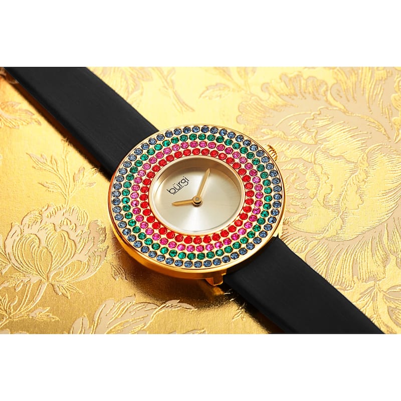 Burgi Women's Quartz Swarovski Crystal Disc Satin Leather Strap Watch